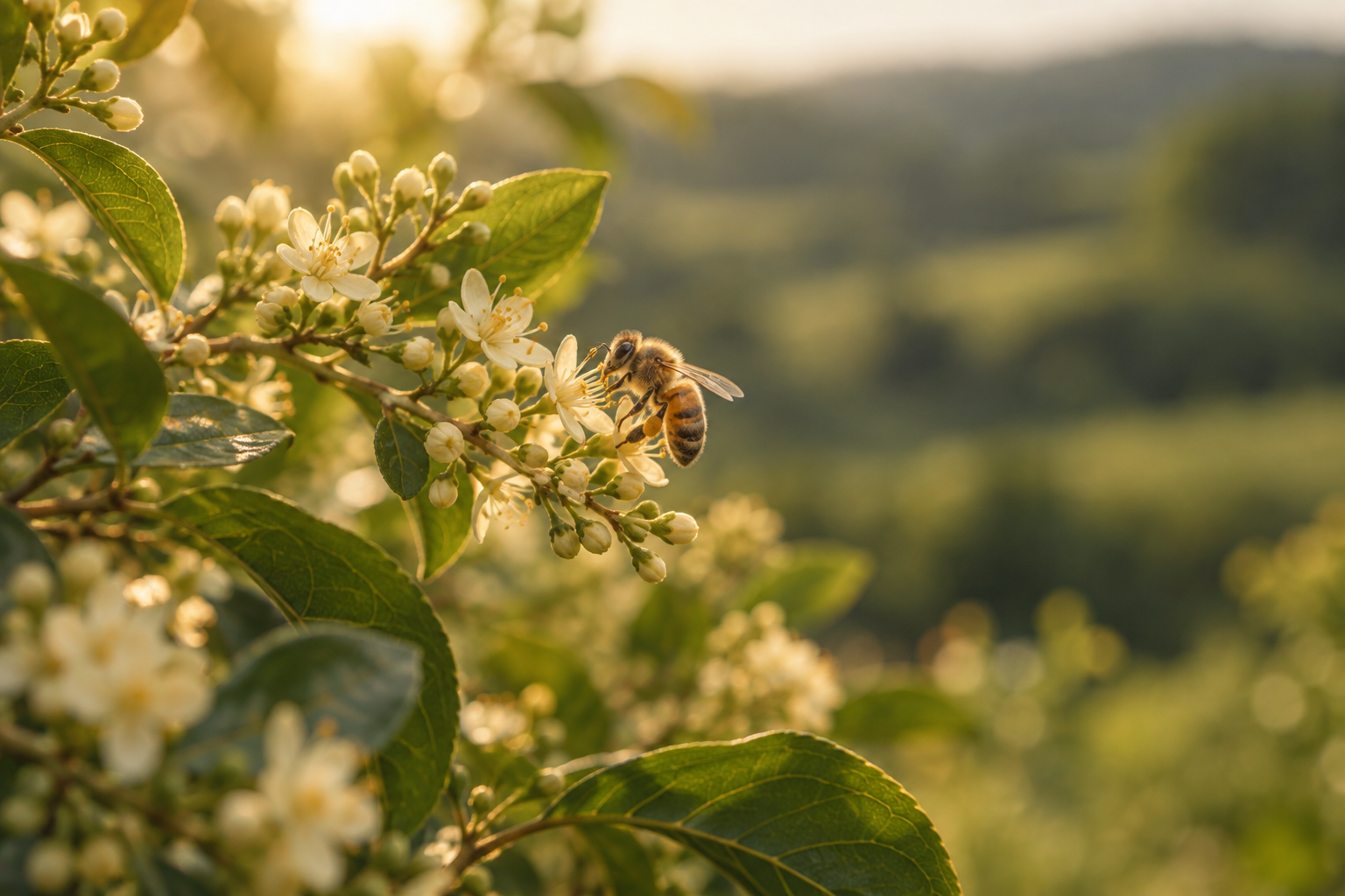 Imagem conceitual de uma abelha entre flores silvestres à luz da manhã